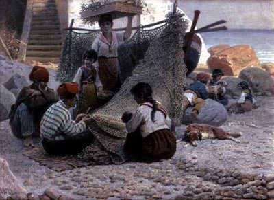 Fishermen Mending Nets in Capri by Theodor Leopold Weller