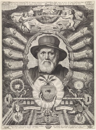 Portrait of Dirck Volckertsz. Coornhert in Allegorical Frame by Theodor Matham