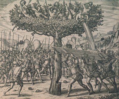 Natives hiding in the trees fighting against the conquerors by Theodor de Bry