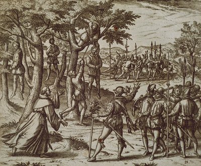Sentence to Hanging of Some Men of Christopher Columbus in New World by Theodor de Bry