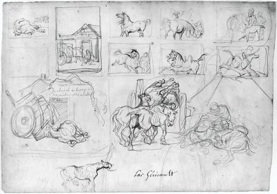 Study of Horses (recto); A Wagon Followed by a Sign Bearer (verso) by Theodore Gericault
