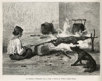 A young Montenegrin roasting a sheep with the Albanian, seated in front of the fire and constantly turning the wooden pin. Engraving after Valerio