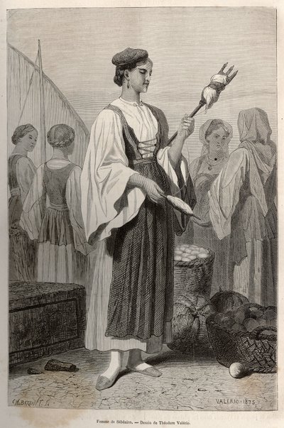 Woman of Sebenico (Serbia) Using Spindles for Spinning Wool (engraving after the drawing of Theodore Valerio, to illustrate a story about Dalmatia by Charles Yriarte, published in 
