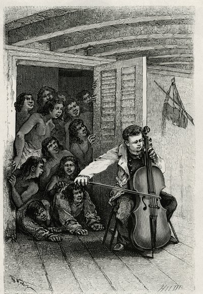 Portrait of the traveller author, playing the cello and attracting an audience of curious. Engraving by Th.Weber, to illustrate the story 