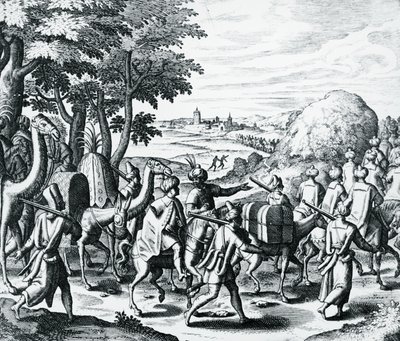 Caravan of Arab Merchants Travelling from Aleppo to Basra, from Grands and Petits Voyages by Theodore de Bry
