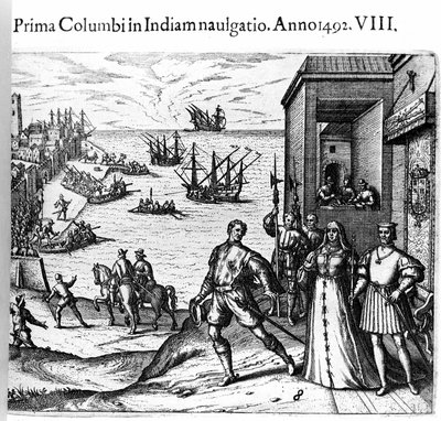 Christopher Columbus and the Pinzon brothers leaving the port of Palos in Spain on 03/08/1492 for the New World. Right The King and Queen of Portugal Catholic Ferdinand II of Aragon and Isabella I of Castile. Engraving by Theodore de Bry in Admirante by Theodore de Bry