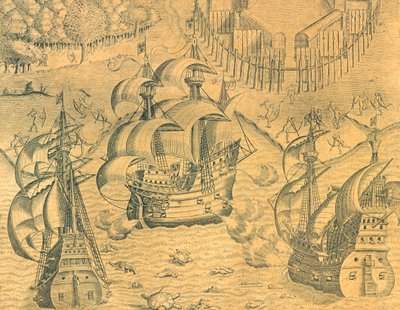 Clash Between French and Portuguese Ships in the Atlantic Ocean for possession of Brazil by Theodore de Bry