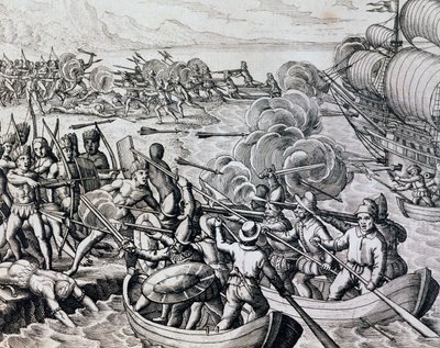Clash between Native Indians and Spanish Troops, Engraving from Historia Americae, by Theodor de Bry, Frankfurt by Theodore de Bry