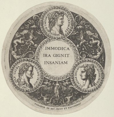 Design for a Dish with Portraits of the Roman Emperors Nero, Galba, and Caligula, ca. 1588 by Theodore de Bry