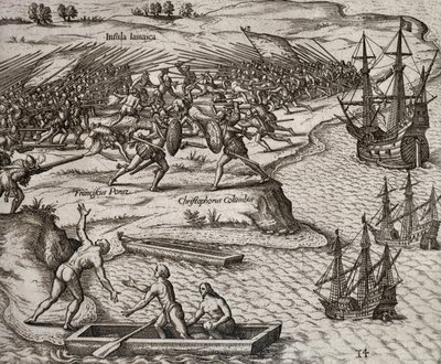 Fight Between Christopher Columbus and Francesco Poresio in Jamaica by Theodore de Bry