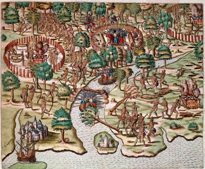 History of America: Description of methods of siege and attack, Indians fighting Spanish armies. Recit of the captivity of Hans Staden, German explorer who left with the Spanish fleets to Brazil, captured by the Tupinamba Indians. Engraving from Ameri by Theodore de Bry