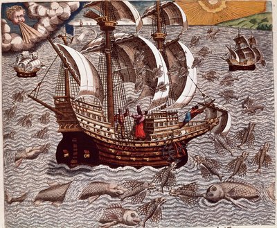 Journey of Spanish Caravels Surrounded by Flying Fish by Theodore de Bry