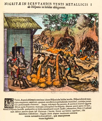 History of America: Spaniards exploit gold mines. The Indians work before the eyes of the settlers. Engraving by Theodore de Bry (1528-1598). 16th century Private collection by Theodore de Bry