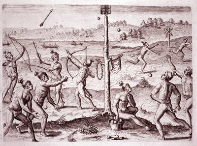 Native Americans practicing running, shooting arrows, and throwing ball, Florida (Engraving) by Theodore de Bry