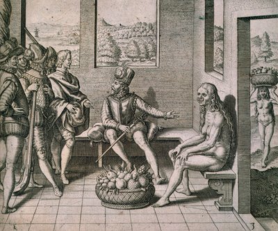 Spanish Conquerors Meeting Native Women in America by Theodore de Bry