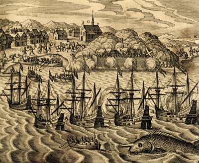 View of Port of Acapulco in Mexico, engraving from Historia Americae by Theodore de Bry