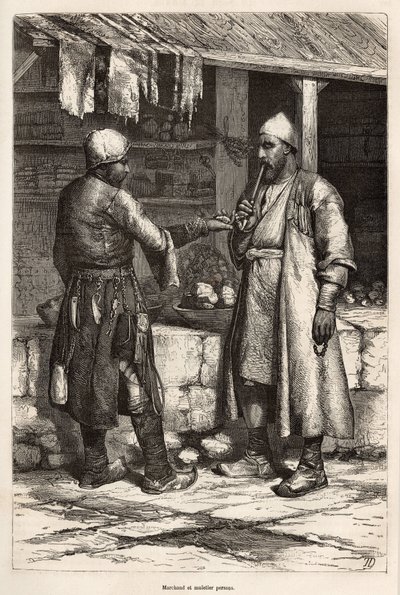 A Persian merchant and mule maker in a village of Armenia, engraving after a drawing by the author, illustrating the journey in Lazistan and Armenia by Theophile Louis Deyrolle