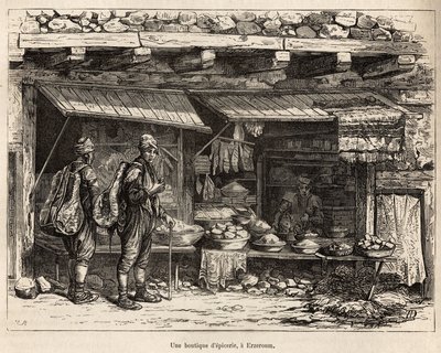 A grocery store in Erzeroum (Armenia), engraved after a drawing by the author, illustrating the journey in Lazistan and Armenia by Theophile Louis Deyrolle