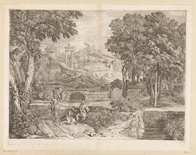Arcadian Landscape with Two Men and a Fruit-Bearing Woman by Théodore