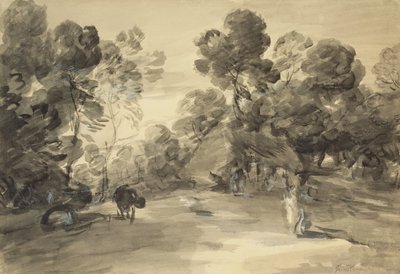 Wooded Landscape with Figures, Cottage and Cow by Thomas (after) Gainsborough