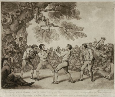 The Boxing Match between Daniel Mendoza and Richard Humphreys at Stilton, Huntingdonshire, 6th May 1789, Engraved by Joseph Grozer by Thomas (after) Rowlandson