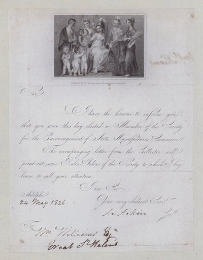 Letter of confirmation of election to membership of the Society for the Encouragement of Arts, Manufacturies and Commerce by Thomas (after) Stothard