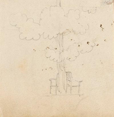 Study of a tree with two chairs either side of its trunk by Thomas Baxter
