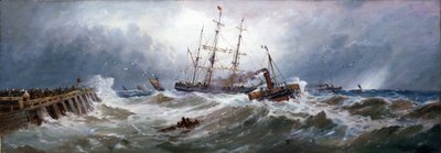 A French tug boat pulling a boat in the port of Boulogne, on difficult seas by Thomas Bush Hardy