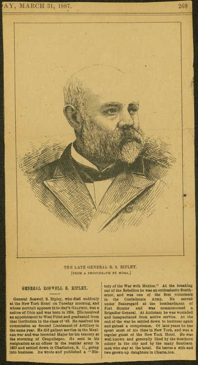 Obituary and Engraving of General R.S. Ripley by Thomas Butler Gunn