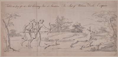 Two figures in classical costume hunting a stag by Thomas Carter