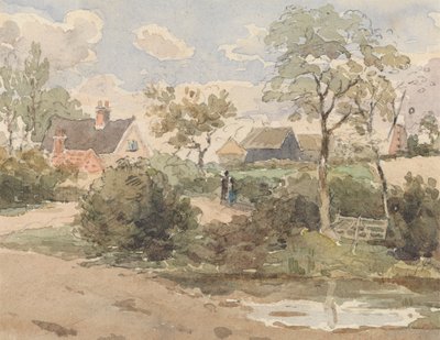 Country Landscape with Cottage, Windmill, Barns and Figures with Pond in Foreground by Thomas Churchyard