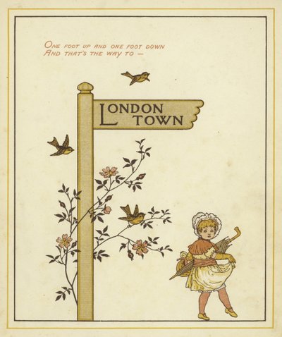 A sign post points the way to London Town with a young girl walking in that direction by Thomas Crane