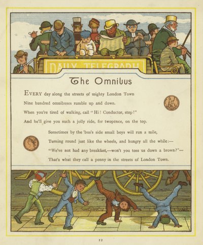 Passengers travelling on the omnibus while children turn cartwheels on the street below by Thomas Crane