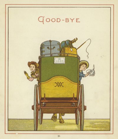 Rear view of a carriage with two children waving from the windows by Thomas Crane