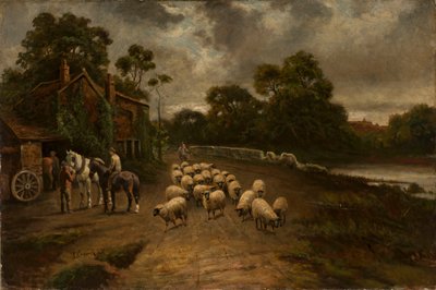 Genre Scene with a Flock of Sheep by Thomas Creswick