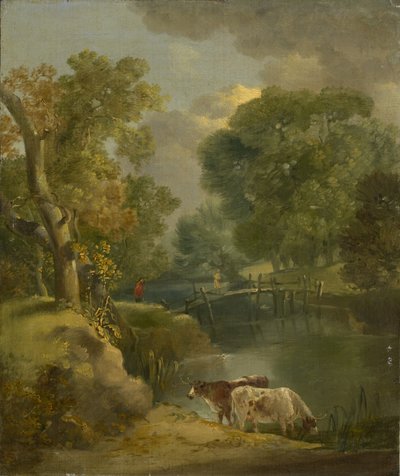 A River Landscape with Two Cows and a Figure on a Bridge by Thomas Gainsborough