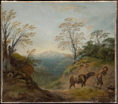 Wooded Landscape with a Boy Leading a Donkey and Dog, and an Extensive Panorama with Buildings and Distant Hills by Thomas Gainsborough