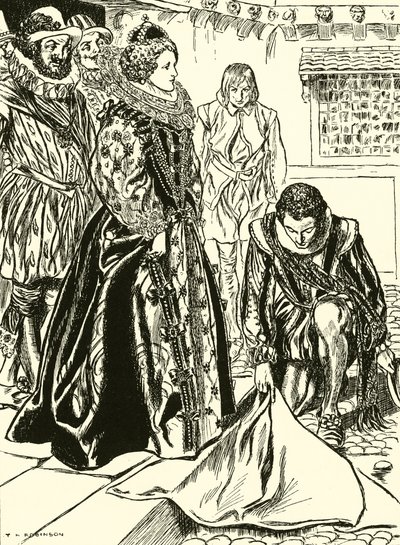 Raleigh Spreads His Cloak Before Elizabeth by Thomas Heath Robinson