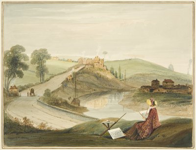 Totterdown and Pile Hill from Bath Road, showing the Brislington Turnpike (with a Miss Braikenridge? Sketching) by Thomas Leeson the Elder Rowbotham