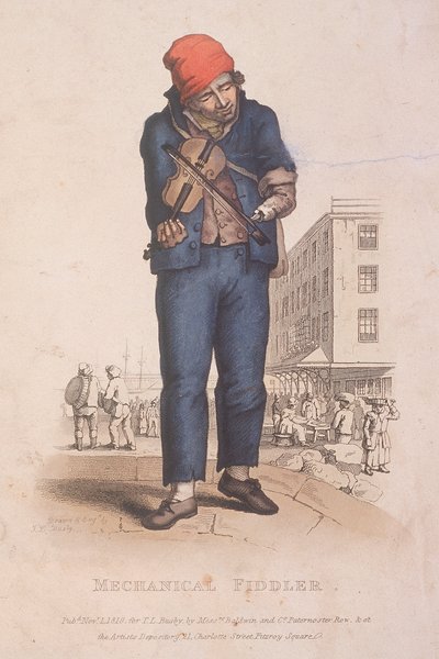 Fiddler with a prosthetic arm, with a market in the background by Thomas Lord Busby