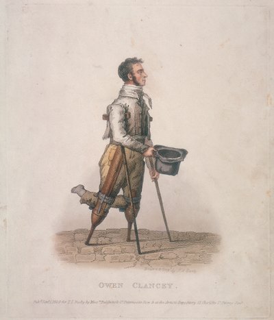 Owen Clancy, Begging with His Hat in Hand, on Crutches and with Devices Strapped to His Legs by Thomas Lord Busby