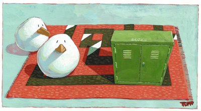 Two Birds and Telephone Exchange Box B07103 on Warren Fletcher Maze Rug by Thomas MacGregor