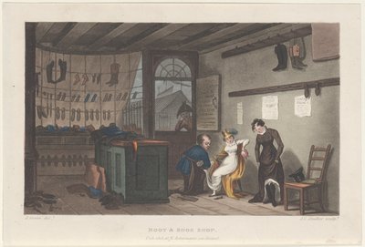 Boot & Shoe Shop, from Poetical Sketches of Scarborough, 1813 by Thomas Rowlandson, Joseph Constantine Stadler, J. Bluck