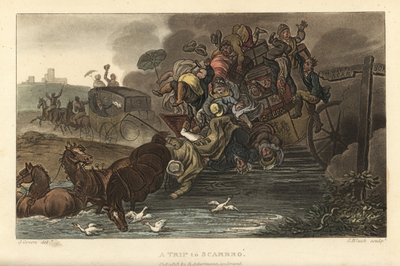 A Trip to Scarborough: A Coach Overladen with Luggage and Passengers Drives into a Pond by Thomas Rowlandson