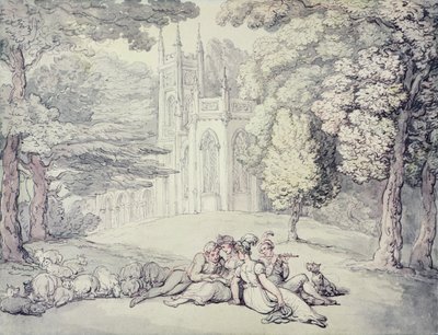 A college green with a group of damsels and young gentlemen in the foreground by Thomas Rowlandson