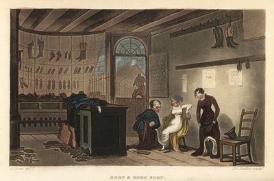 Boot and Shoe Shop: Women customers trying on shoes and boots at Leatherhead cobblers by Thomas Rowlandson