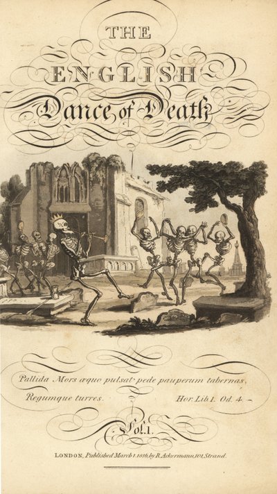 Calligraphic Title and Vignette of Skeletons Dancing with Tambourines and Horns in a Graveyard Near a Ruined Church by Thomas Rowlandson