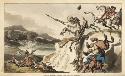 Death with His Dart on a Skeletal Horse Rides Over a Cliff as an Unfortunate Huntsman and His Dogs Fall to Their Deaths. Other Hunting Dogs Tear Apart a Stag (Handcoloured Copperplate by Thomas Rowlandson) by Thomas Rowlandson