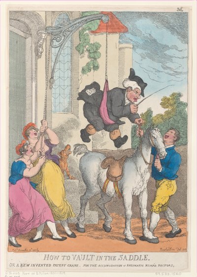 How to Vault in the Saddle or a New Invented Patent Crane for the Accommodation... by Thomas Rowlandson