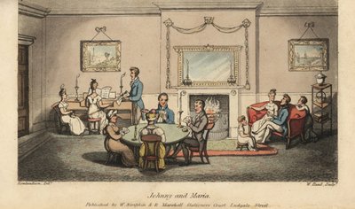 Johnny Courting Maria in a Parlor while Others Play Cards and Sing Songs in Front of the Hearth by Thomas Rowlandson